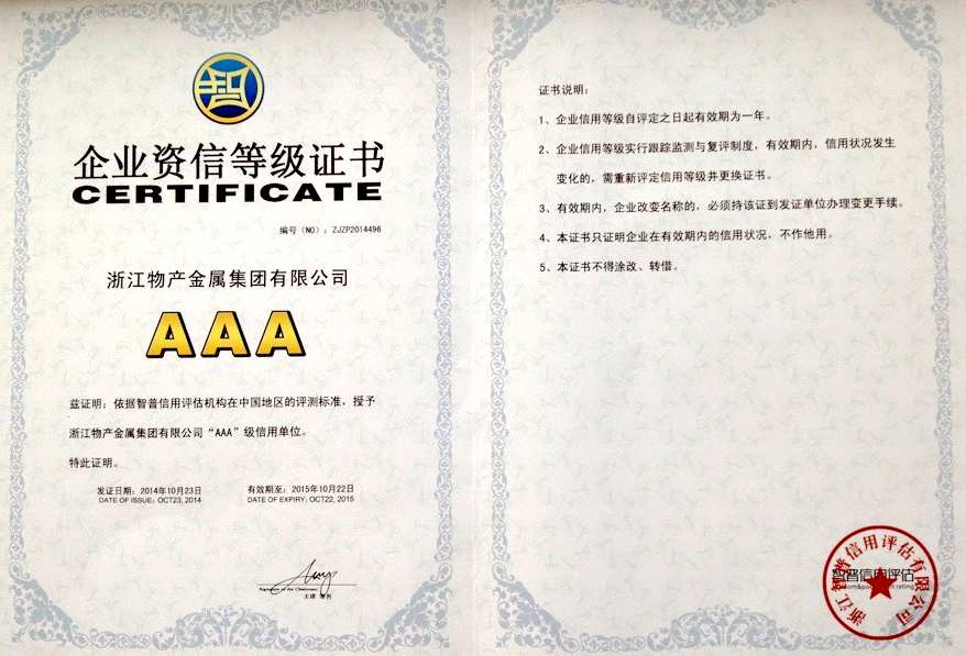 2014年：公司被評為信用等級AAA級企業(yè)